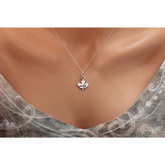 Sterling Silver Oxidized Maple Canadian Leaf Charm Necklace - Picture 4 of 9